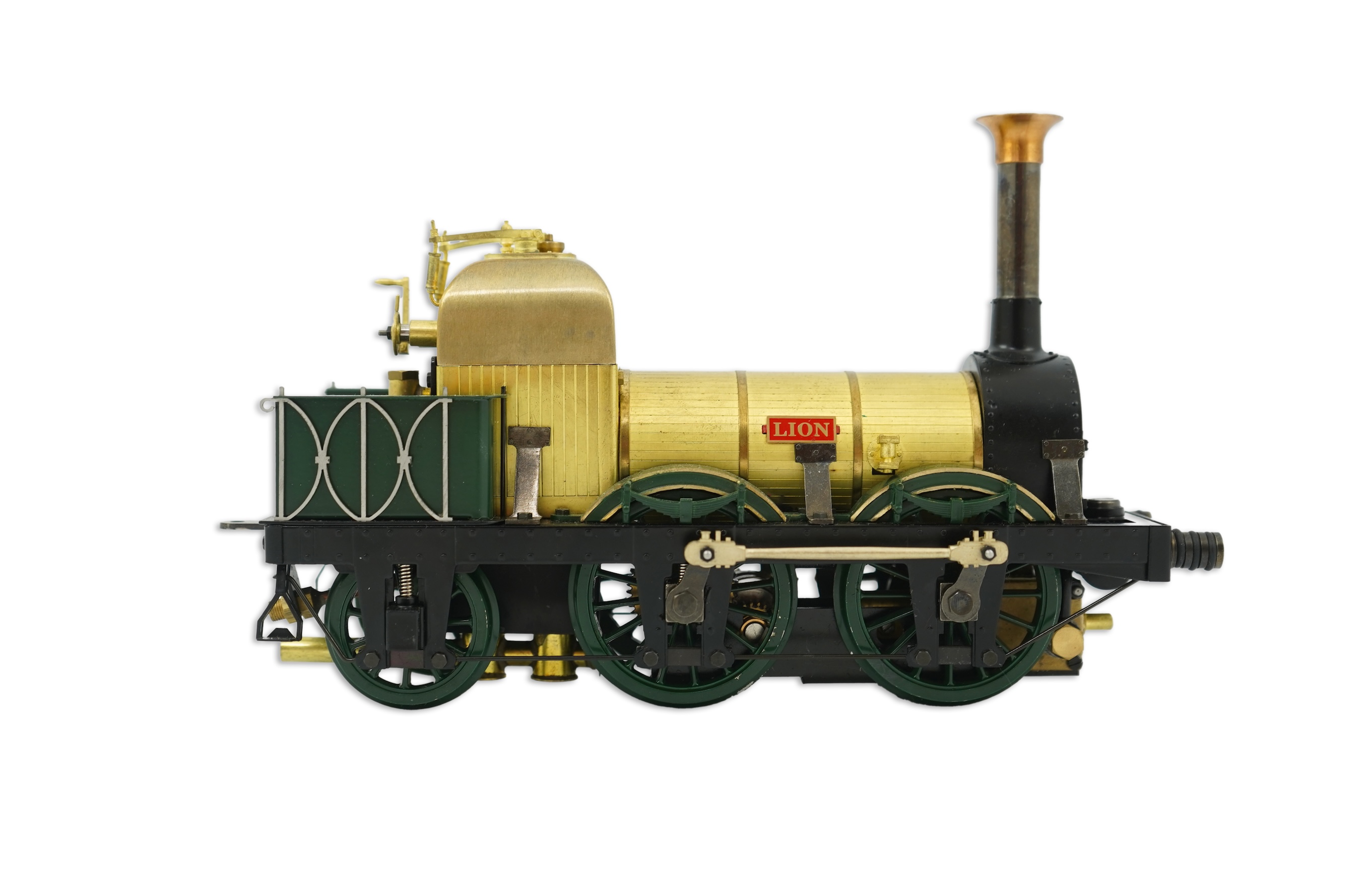 A Gauge One Aster Hobbies live steam L&M Lion, 0-4-2 locomotive, missing tender, with spirit fired slip eccentric single cylinder motion.
